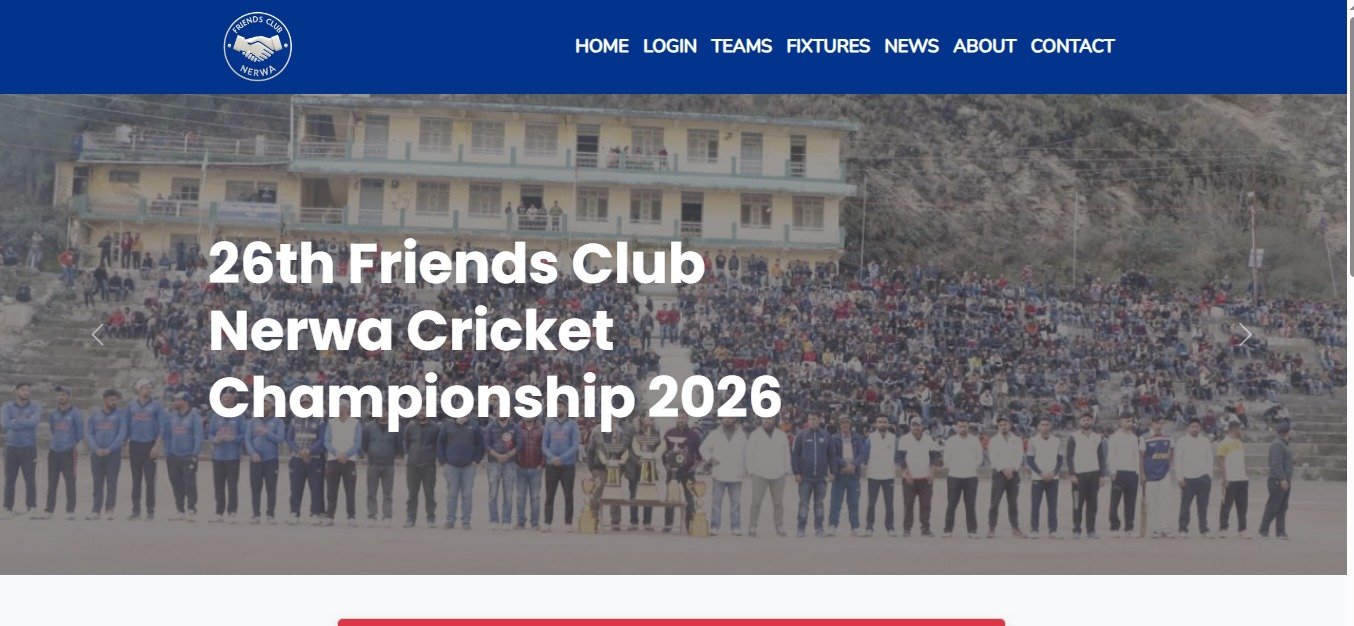 Friends Club Nerwa website featuring the 26th cricket championship in 2026